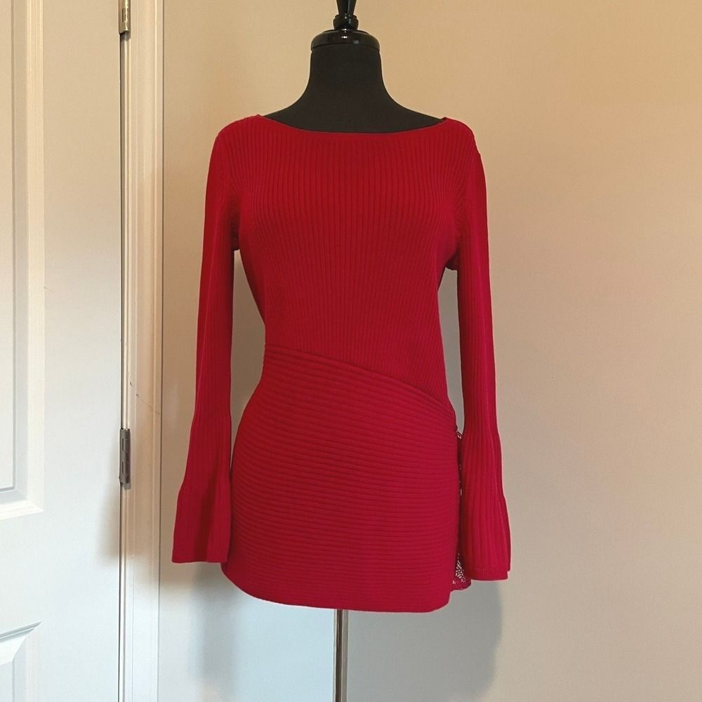 Y2K Rafaella Red Ribbed Knit Lace Side Detail Boat Neck Sweater‎ Top Women's S